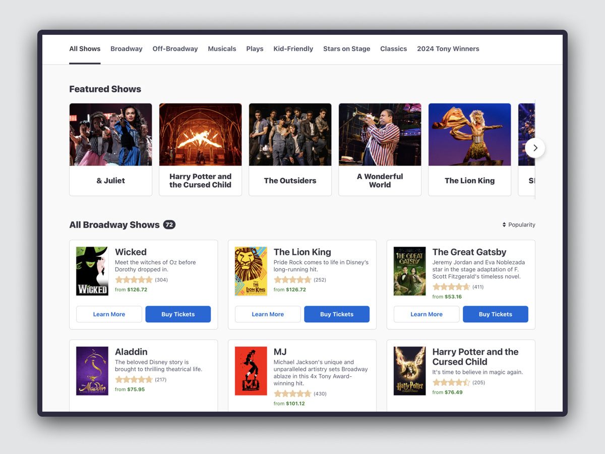 Screenshot of Browse Shows screen on Broadway.com