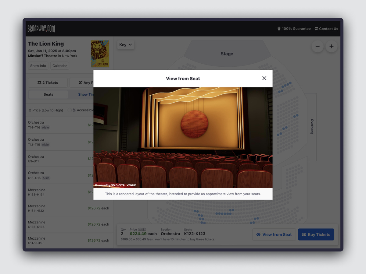 Screenshot of 3D View From Seat feature on Broadway.com